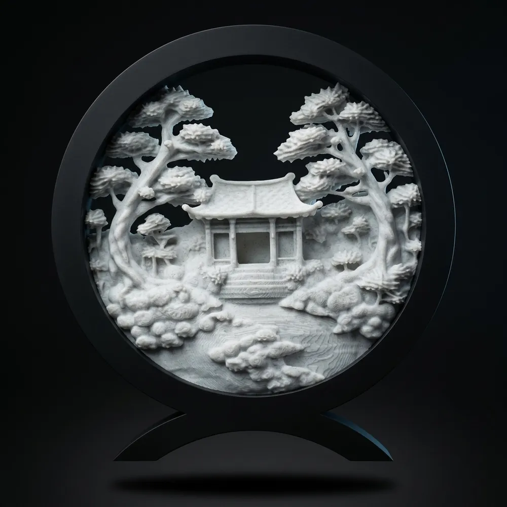 An architectural scale model of a modern minimalist building, created using precise laser cutting and 3D printing techniques. Placed on a matte black cutting mat with grid lines. Sharp, cold white lighting highlights the precise geometric angles and structural integrity of the white PLA material. Highly technical, clean, and professional architectural presentation.